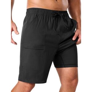 image:imageSILKWORLD Mens Swim Trunks with Compression Liner 9 Quick Dry Bathing Suit Long Swimming Shorts with Cargo PocketsBlack