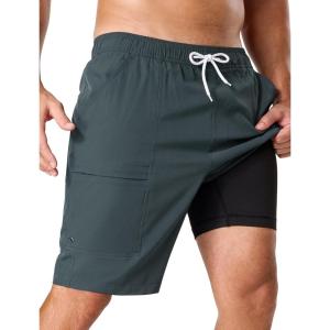 image:imageSILKWORLD Mens Swim Trunks with Compression Liner 9 Quick Dry Bathing Suit Long Swimming Shorts with Cargo PocketsDark Grey