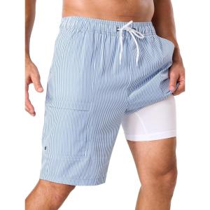 image:imageSILKWORLD Mens Swim Trunks with Compression Liner 9 Quick Dry Bathing Suit Long Swimming Shorts with Cargo PocketsLight Blue Stripes