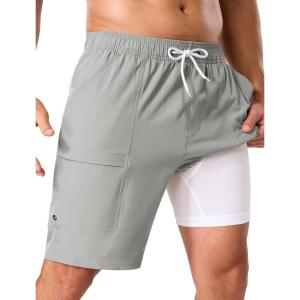 image:imageSILKWORLD Mens Swim Trunks with Compression Liner 9 Quick Dry Bathing Suit Long Swimming Shorts with Cargo PocketsLight Grey