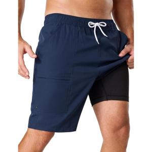 image:imageSILKWORLD Mens Swim Trunks with Compression Liner 9 Quick Dry Bathing Suit Long Swimming Shorts with Cargo PocketsNavy