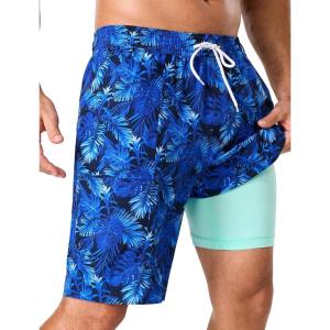 image:imageSILKWORLD Mens Swim Trunks with Compression Liner 9 Quick Dry Bathing Suit Long Swimming Shorts with Cargo PocketsNavy Leaf Print