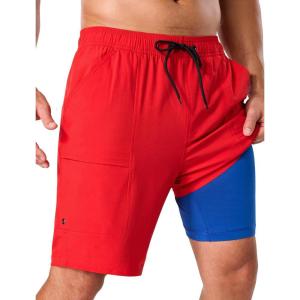 image:imageSILKWORLD Mens Swim Trunks with Compression Liner 9 Quick Dry Bathing Suit Long Swimming Shorts with Cargo PocketsRed