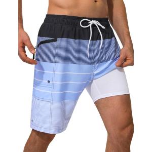 image:imageSILKWORLD Mens Swim Trunks 9 Quick Dry Bathing Suit Beach Shorts with Zipper Pockets  Compression LinerBlack  Haze Blue Stripe