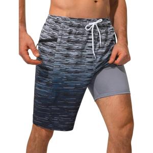 image:imageSILKWORLD Mens Swim Trunks 9 Quick Dry Bathing Suit Beach Shorts with Zipper Pockets  Compression LinerGreynavy Ombre
