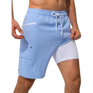 image:imageSILKWORLD Mens Swim Trunks 9 Quick Dry Bathing Suit Beach Shorts with Zipper Pockets  Compression LinerLight Blue