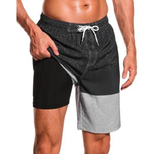 image:imageSILKWORLD Mens Swim Trunks with Compression Liner 9 Beach Board Shorts Men 2 in 1 Quick Dry Bathing Suit with PocketsBlackgrey