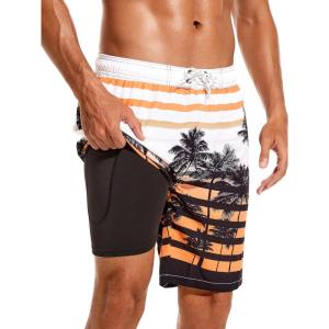 image:imageSILKWORLD Mens Swim Trunks with Compression Liner 9 Beach Board Shorts Men 2 in 1 Quick Dry Bathing Suit with PocketsPalm Tree
