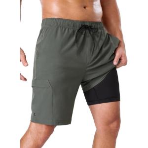 image:imageSILKWORLD Mens Swim Trunks with Compression Liner 9 Cargo Pockets Swimsuit Quick Dry Athletic Bathing Suits for Pool BeachArmy Green