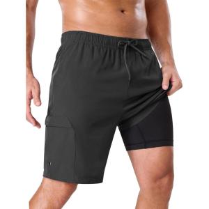 image:imageSILKWORLD Mens Swim Trunks with Compression Liner 9 Cargo Pockets Swimsuit Quick Dry Athletic Bathing Suits for Pool BeachBlack