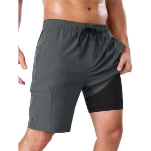 image:imageSILKWORLD Mens Swim Trunks with Compression Liner 9 Cargo Pockets Swimsuit Quick Dry Athletic Bathing Suits for Pool BeachDark Grey