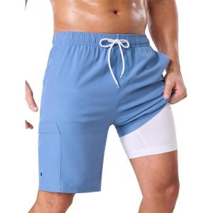 image:imageSILKWORLD Mens Swim Trunks with Compression Liner 9 Cargo Pockets Swimsuit Quick Dry Athletic Bathing Suits for Pool BeachHaze Blue