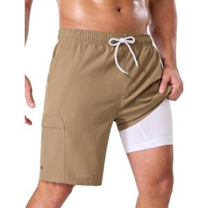 image:imageSILKWORLD Mens Swim Trunks with Compression Liner 9 Cargo Pockets Swimsuit Quick Dry Athletic Bathing Suits for Pool BeachKhaki