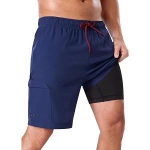 image:imageSILKWORLD Mens Swim Trunks with Compression Liner 9 Cargo Pockets Swimsuit Quick Dry Athletic Bathing Suits for Pool BeachNavy