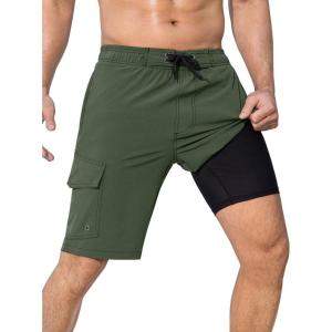 image:imageSILKWORLD Mens Swim Trunks with Compression Liner QuickDry 10 Stretch Beach ShortsArmy Green
