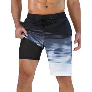 image:imageSILKWORLD Mens Swim Trunks with Compression Liner QuickDry 10 Stretch Beach ShortsBlack  Gray Gradient