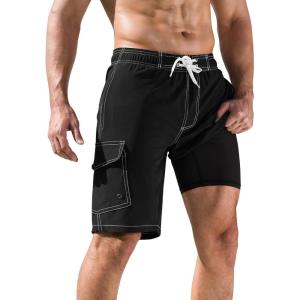 image:imageSILKWORLD Mens Swim Trunks with Compression Liner QuickDry 10 Stretch Beach ShortsBlack