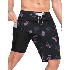 image:imageSILKWORLD Mens Swim Trunks with Compression Liner QuickDry 10 Stretch Beach ShortsBlack Pink Coconut Tree