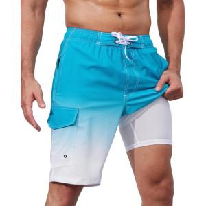 image:imageSILKWORLD Mens Swim Trunks with Compression Liner QuickDry 10 Stretch Beach ShortsBlue  White Gradient