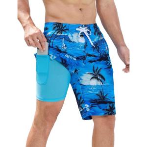 image:imageSILKWORLD Mens Swim Trunks with Compression Liner QuickDry 10 Stretch Beach ShortsBright Blue Seascape
