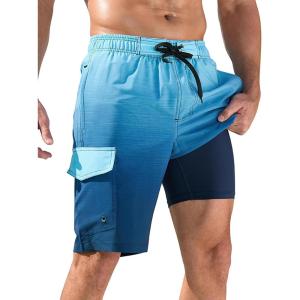 image:imageSILKWORLD Mens Swim Trunks with Compression Liner QuickDry 10 Stretch Beach ShortsDark Blue Gradient