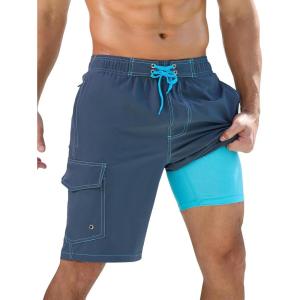 image:imageSILKWORLD Mens Swim Trunks with Compression Liner QuickDry 10 Stretch Beach ShortsDark Gray