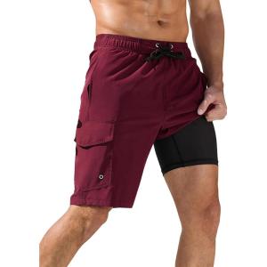 image:imageSILKWORLD Mens Swim Trunks with Compression Liner QuickDry 10 Stretch Beach ShortsDark Red