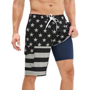 image:imageSILKWORLD Mens Swim Trunks with Compression Liner QuickDry 10 Stretch Beach ShortsGray  Black Stars  Stripes