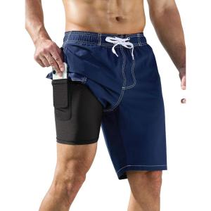 image:imageSILKWORLD Mens Swim Trunks with Compression Liner QuickDry 10 Stretch Beach ShortsNavy Blue and White Thread