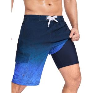 image:imageSILKWORLD Mens Swim Trunks with Compression Liner QuickDry 10 Stretch Beach ShortsNavy Floral Gradient