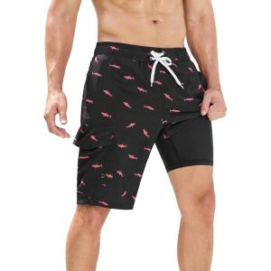 image:imageSILKWORLD Mens Swim Trunks with Compression Liner QuickDry 10 Stretch Beach ShortsRed Fish  Black Bottom