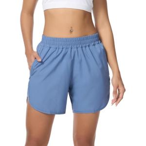 image:imageSILKWORLD Womens Running Shorts Hight Waist 5 Summer Athletic Gym Workout Fashion Short with Liner and Zipper PocketsGrey Blue
