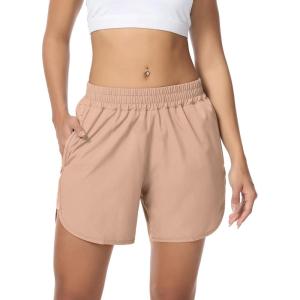image:imageSILKWORLD Womens Running Shorts Hight Waist 5 Summer Athletic Gym Workout Fashion Short with Liner and Zipper PocketsKhaki