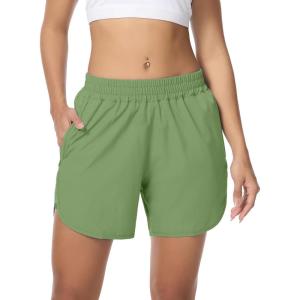 image:imageSILKWORLD Womens Running Shorts Hight Waist 5 Summer Athletic Gym Workout Fashion Short with Liner and Zipper PocketsLight Green