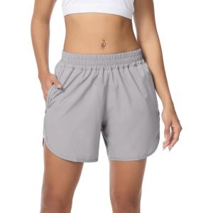 image:imageSILKWORLD Womens Running Shorts Hight Waist 5 Summer Athletic Gym Workout Fashion Short with Liner and Zipper PocketsLight Grey