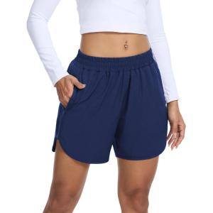 image:imageSILKWORLD Womens Running Shorts Hight Waist 5 Summer Athletic Gym Workout Fashion Short with Liner and Zipper PocketsNavy