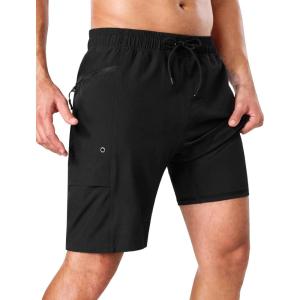 image:imageSILKWORLD Mens Swim Trunks with Compression Liner Quick Dry Bathing Suit 9 Swimming Beach Shorts with Zipper PocketsBlack