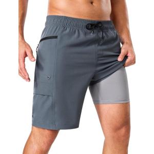 image:imageSILKWORLD Mens Swim Trunks with Compression Liner Quick Dry Bathing Suit 9 Swimming Beach Shorts with Zipper PocketsDusty Blue