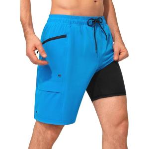 image:imageSILKWORLD Mens Swim Trunks with Compression Liner Quick Dry Bathing Suit 9 Swimming Beach Shorts with Zipper PocketsLake Blue