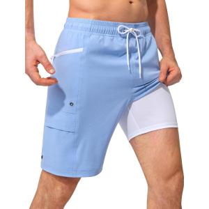 image:imageSILKWORLD Mens Swim Trunks with Compression Liner Quick Dry Bathing Suit 9 Swimming Beach Shorts with Zipper PocketsLight Blue