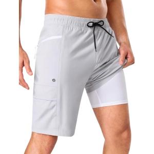 image:imageSILKWORLD Mens Swim Trunks with Compression Liner Quick Dry Bathing Suit 9 Swimming Beach Shorts with Zipper PocketsLight Grey