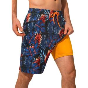 image:imageSILKWORLD Mens Swim Trunks with Compression Liner Quick Dry Bathing Suit 9 Swimming Beach Shorts with Zipper PocketsP2orange Palm