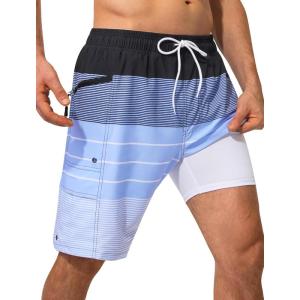 image:imageSILKWORLD Mens Swim Trunks with Compression Liner Quick Dry Bathing Suit 9 Swimming Beach Shorts with Zipper PocketsP3black  Haze Blue Stripe