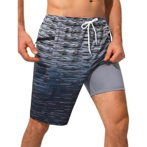 image:imageSILKWORLD Mens Swim Trunks with Compression Liner Quick Dry Bathing Suit 9 Swimming Beach Shorts with Zipper PocketsP4greynavy Ombre