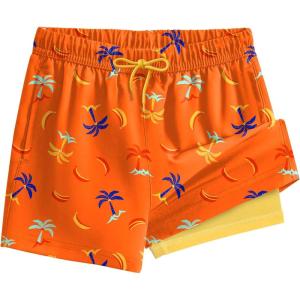 image:imageSILKWORLD Boys Swim Trunks with Compression Liner Quick Dry Bathing Suits Kids Beach Swimming Shorts 516 YearsOrange Coconut Tree