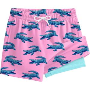 image:imageSILKWORLD Boys Swim Trunks with Compression Liner Quick Dry Bathing Suits Kids Beach Swimming Shorts 516 YearsPink Crocodile
