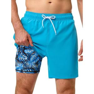 image:imageSILKWORLD Swim Trunks Men 7 Inch Bathing Suits Zipper Pockets Swimming Shorts for Vacation Pool Beach Surfing CasualA01 Light Blue  Coconut Palm