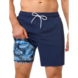 image:imageSILKWORLD Swim Trunks Men 7 Inch Bathing Suits Zipper Pockets Swimming Shorts for Vacation Pool Beach Surfing CasualA01 Navy  Coconut Palm