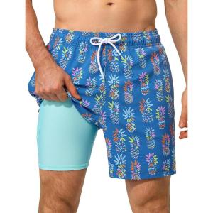 image:imageSILKWORLD Swim Trunks Men 7 Inch Bathing Suits Zipper Pockets Swimming Shorts for Vacation Pool Beach Surfing CasualGrey Blue Colorful Pineapple