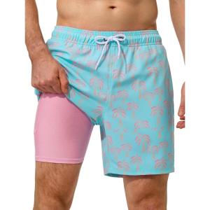 image:imageSILKWORLD Swim Trunks Men 7 Inch Bathing Suits Zipper Pockets Swimming Shorts for Vacation Pool Beach Surfing CasualLight Lake Blue  Coconut Plam